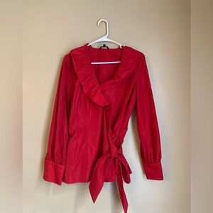 J Peterman Red wrap Tie-Front Blouse Satin evening holiday Christmas party